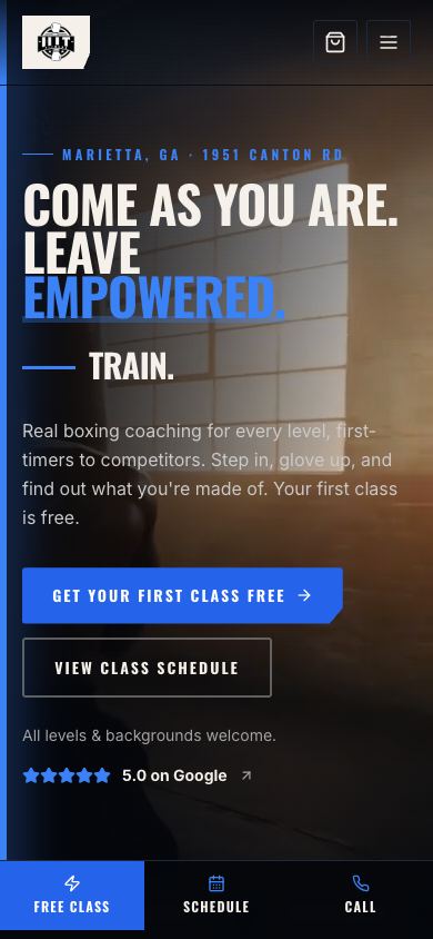 HIT Fitness & Boxing homepage after the rebuild on a phone, with the sticky Free Class, Schedule and Call bar.